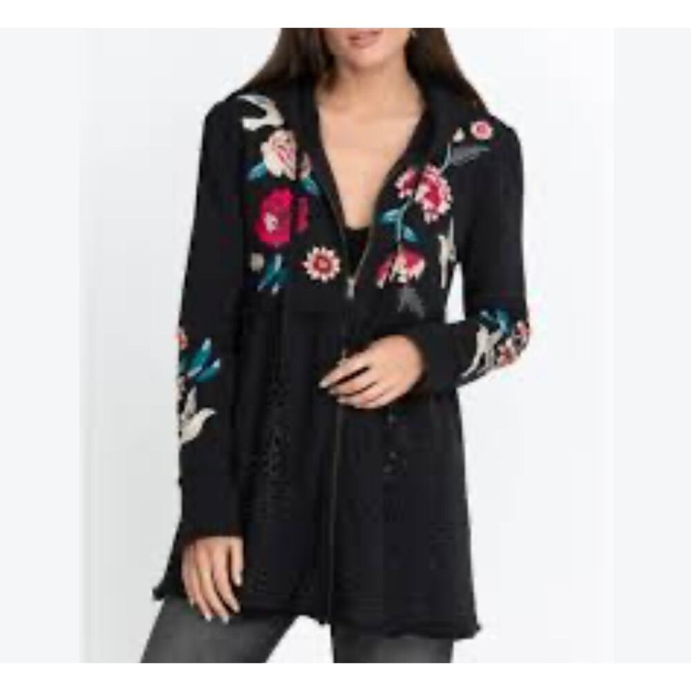 Johnny Was Junia Embroidered Hoodie Coat Black French Terry Eyelet Lace XXS NWOT - Picture 2 of 9